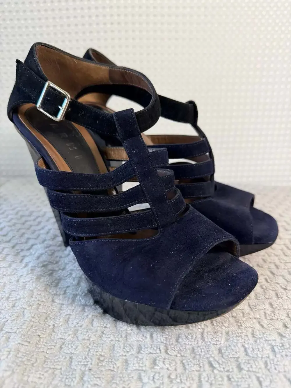 Marni Navy Black Suede T-Strap Peep-Toe Platform Sandals